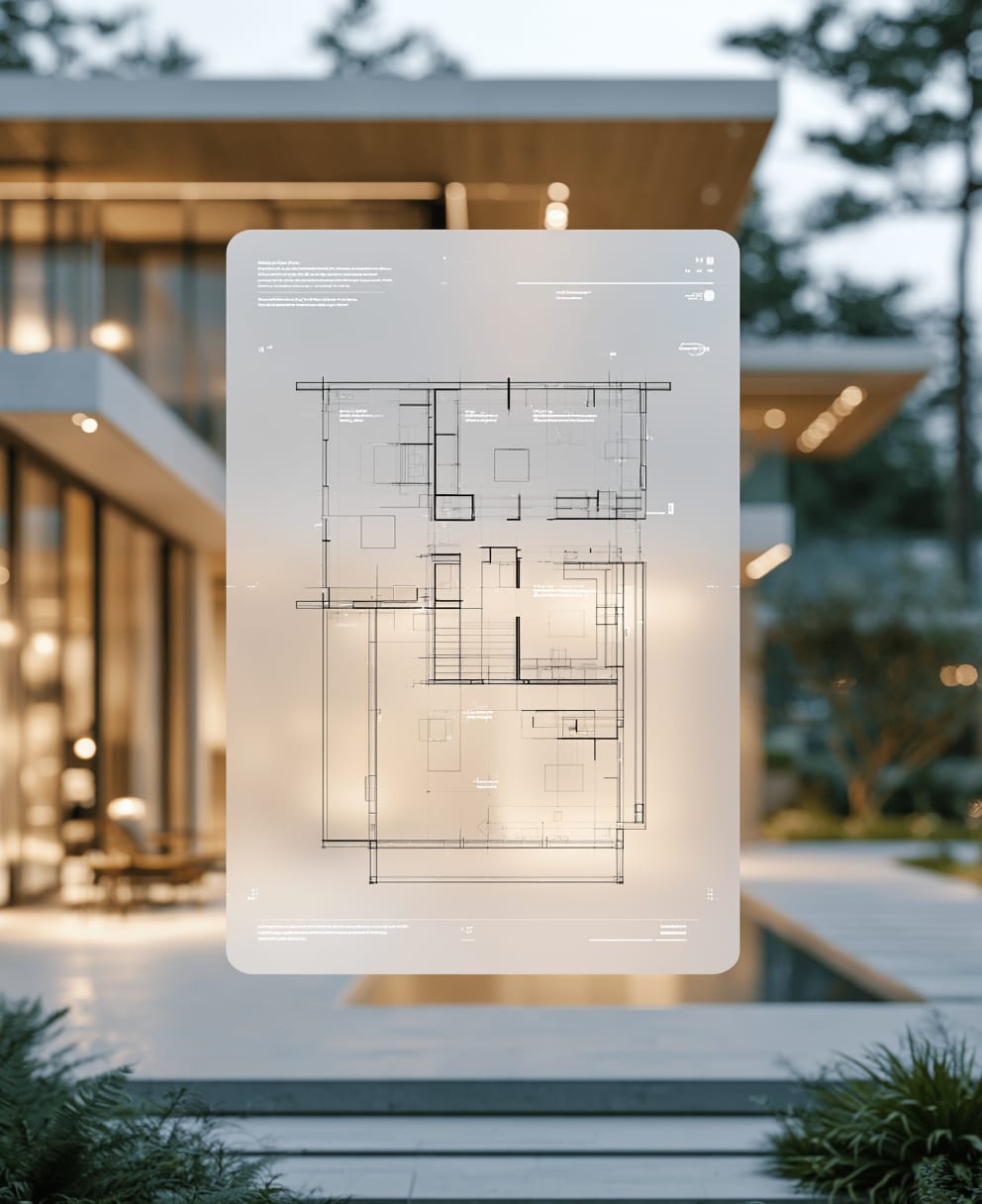 Architectural floor plan overlay in front of a modern home