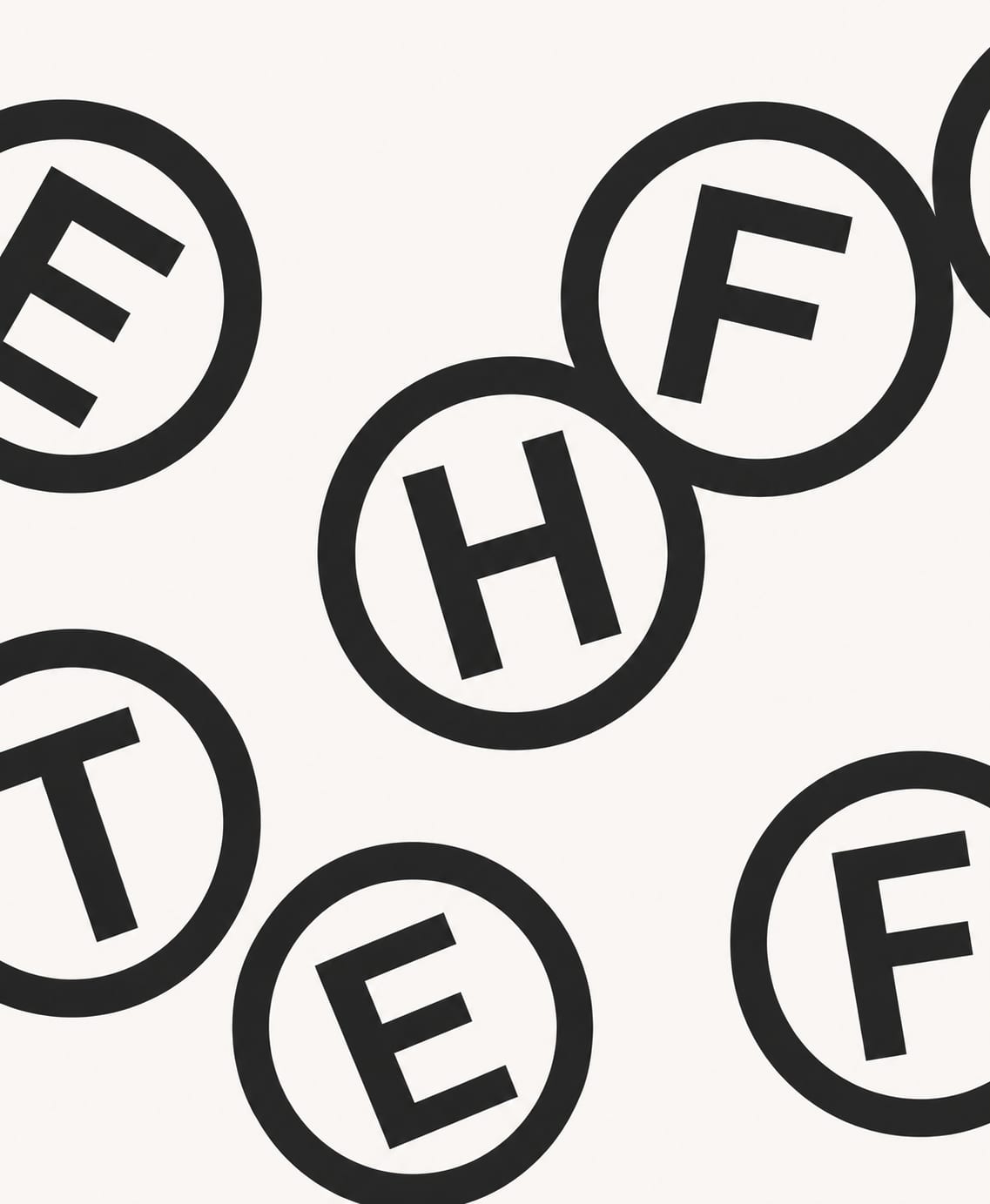 Large black letters cropped inside white circular forms