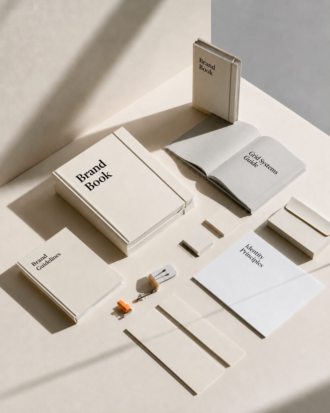 Neutral real estate brand identity materials on a table