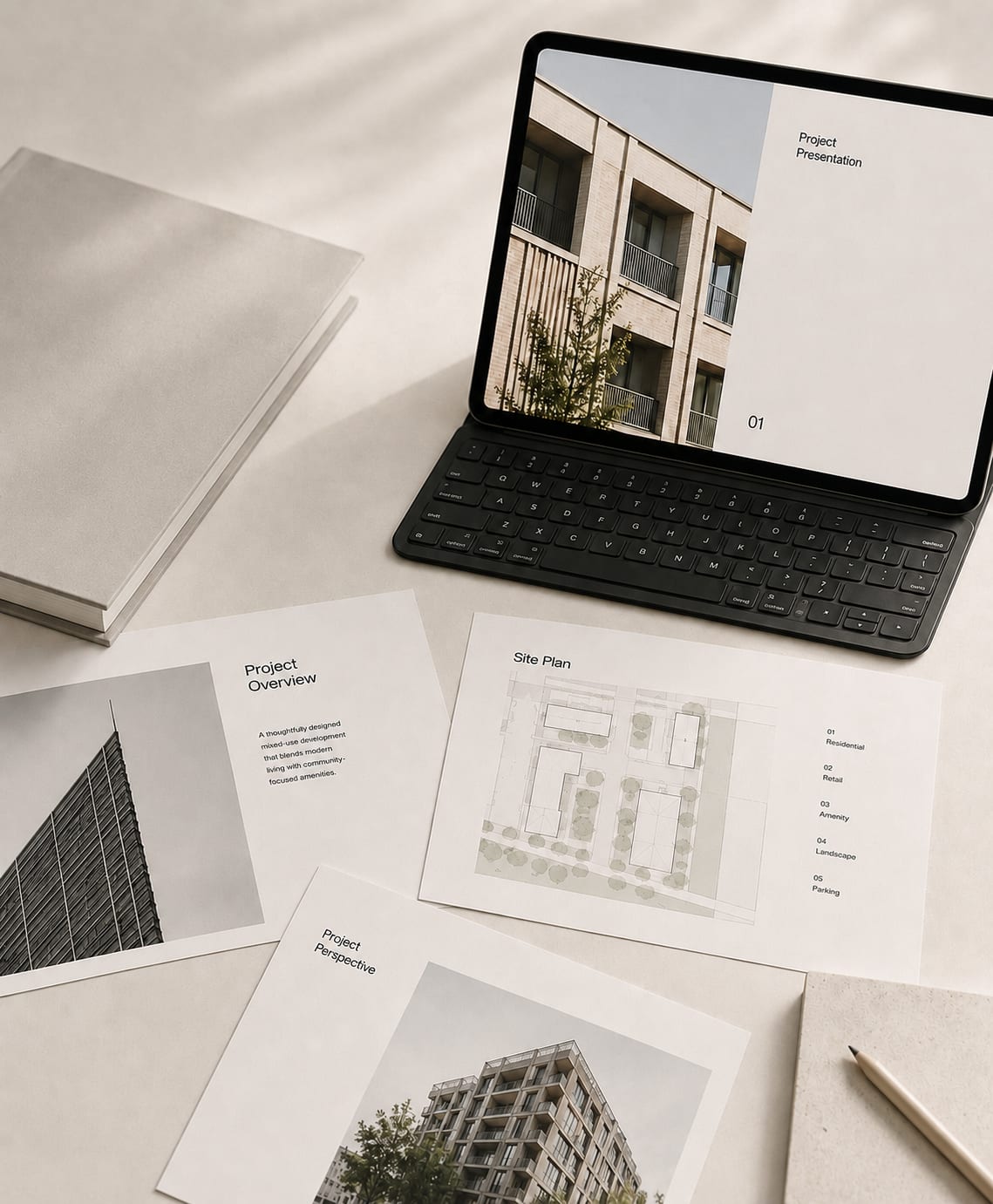 Laptop and printed architectural sales presentation materials